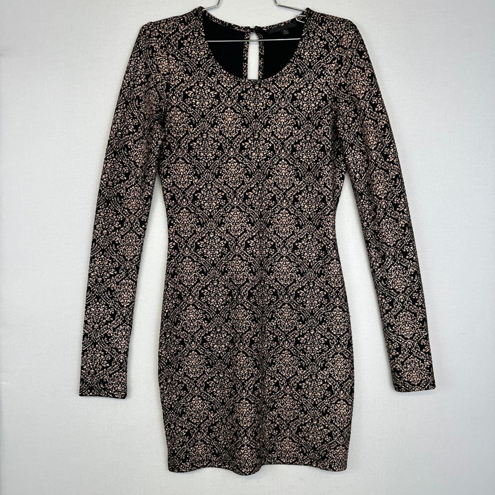 Lucca Couture Bodycon Dress Black Gold Print Long Sleeve Women's M